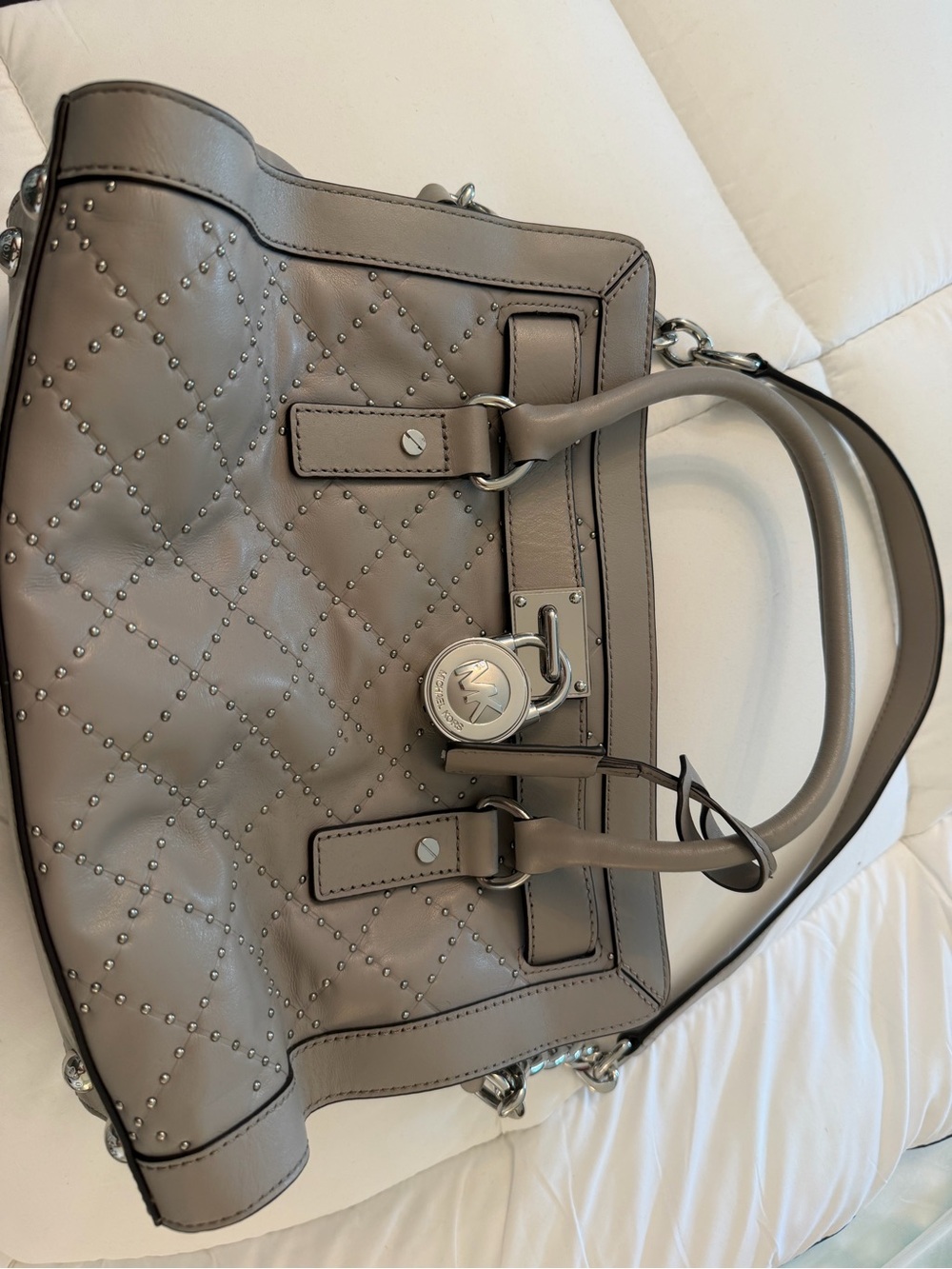 Michael Kors Quilted Studded Satchel in Taupe Gray